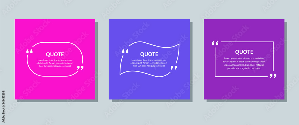 Quote frame box. Vector. Quotations text template. Info comments and messages in textboxes on color background. Colorful illustration. Set of citation with white border. Modern design. Simple concept. Quote frame box. Vector. Quotations text template. Info comments and messages in textboxes on color background. Colorful illustration. Set of citation with white border. Modern design. Simple concept.