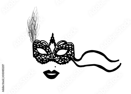 Black lace carnival mask with feather. 
Mysterious woman, hidden look. Accessories for women, logo, brand. Vector illustration, decor element. Logo for women's accessories.