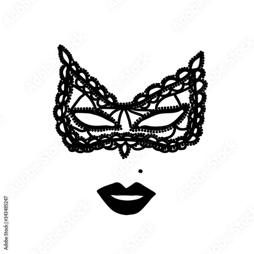 Black lace carnival mask with feather. 
Mysterious woman, hidden look. Accessories for women, logo, brand. Vector illustration, decor element. Logo for women's accessories.