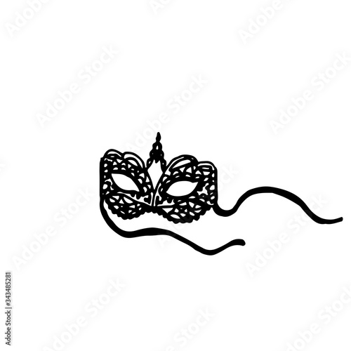 Black lace carnival mask with feather. 
Mysterious woman, hidden look. Accessories for women, logo, brand. Vector illustration, decor element. Logo for women's accessories.