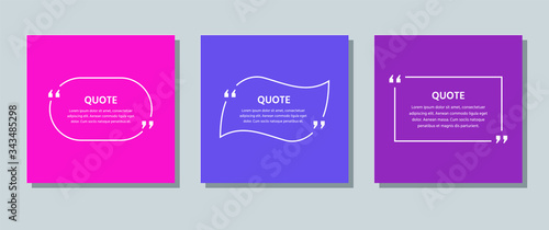 Quote frame box. Vector. Quotations text template. Info comments and messages in textboxes on color background. Colorful illustration. Set of citation with white border. Modern design. Simple concept.