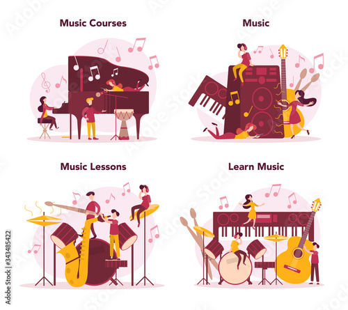 Musician and music course set. Young performer playing music