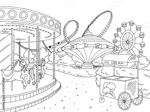 Amusement park landscape graphic black white sketch illustration vector