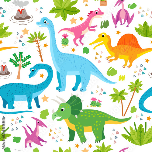 A Childish dinosaurs and tropical leaves pattern