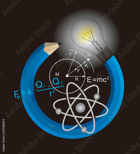 Playful physics, concept.
Illustration of colorful twisted pencil with light bulb  and physics symbols. Vector available.