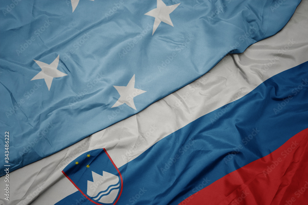 waving colorful flag of slovenia and national flag of Federated States of Micronesia . waving colorful flag of slovenia and national flag of Federated States of Micronesia .