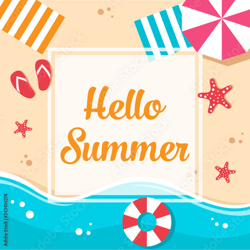 Hello summer background in flat design vector illustration.