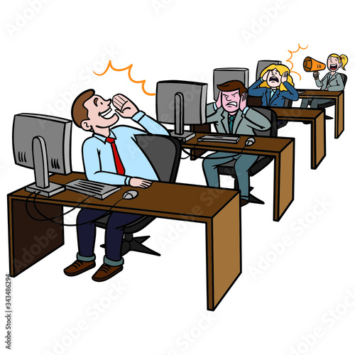 in the open-plan office  two employees scream across the tables. the colleagues cover their ears because it is too loud. decency  rules  etiquette  comic.