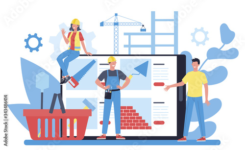 House building concept. Workers constructing home with tools