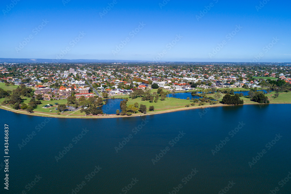 Aerial view South Perth and on the banks of the Swan River. Perth, Western Australia