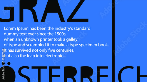 Graz Osterreich - the name of the Graz city and Austria country in German language. Editable horizontal background template. Cropped letters and copy space. Blue and black. For brochures, posters, ban