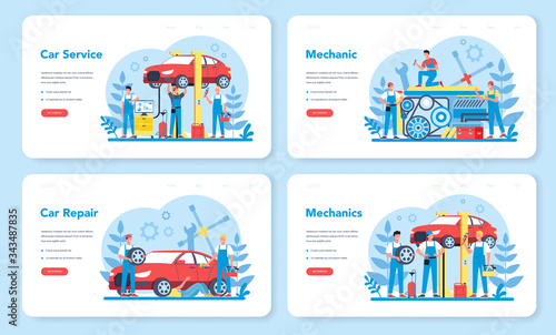 Car service web banner or landing page set. People repair car using