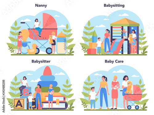 Babysitter service or nanny agency concept set. In-home babysitter.