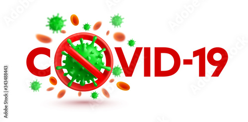 Coronavirus 2019-nCoV banner with stop sign and green virus cells on white background.Stop COVID-19 Corona virus outbreaking concept.Vector illustration eps 10