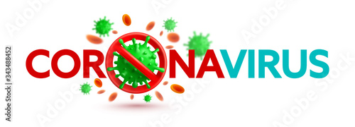 Coronavirus 2019-nCoV banner with stop sign and green virus cells on white background.Stop COVID-19 Corona virus outbreaking concept.Vector illustration eps 10
