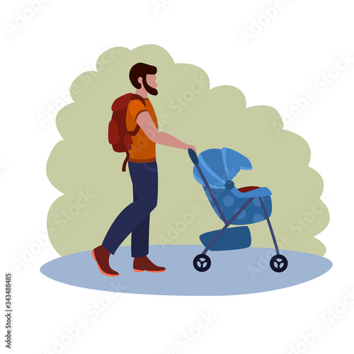 Man Walks With A Stroller In The Park vector illustration from family collection. Flat cartoon illustration isolated on white