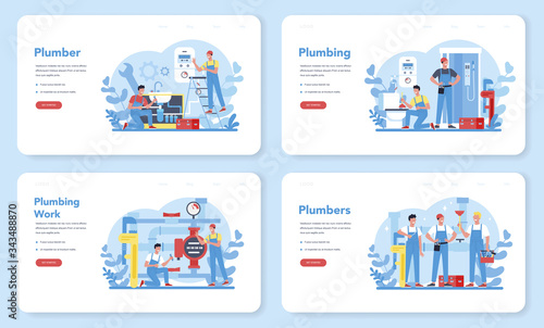 Plumbing service web banner or landing page set. Professional repair