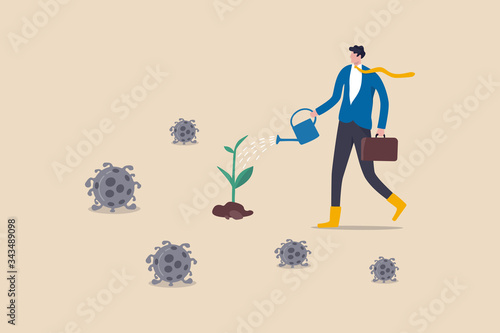 Economic restoration after Coronavirus COVID-19 outbreak crisis, post pandemic era government policy to help business recover concept, businessman watering seedling plant with death virus pathogen.