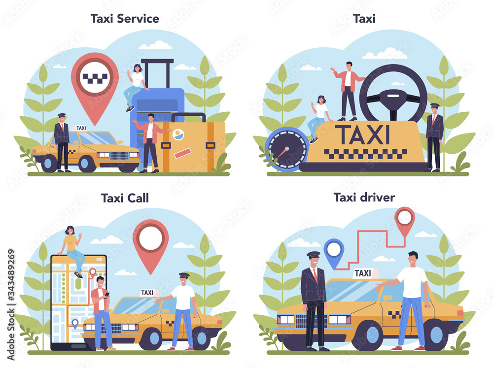 Taxi service concept set. Yellow taxi car. Automobile cab with driver