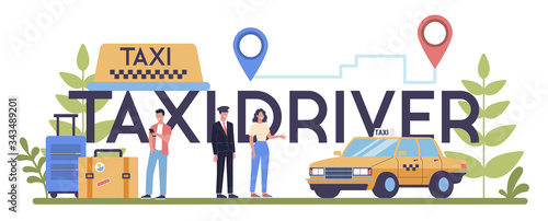 Taxi driver, service typographic header concept. Yellow taxi car.