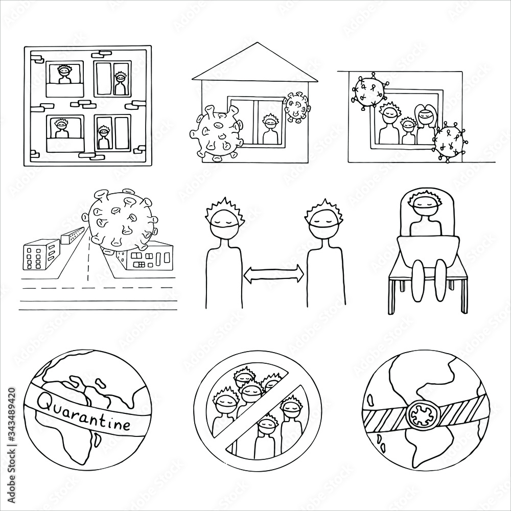 Set of forced quarantine, self-isolation. Doodle vector illustration. Coronavirus quarantine preventive measures. Stay home.Work in home.	
