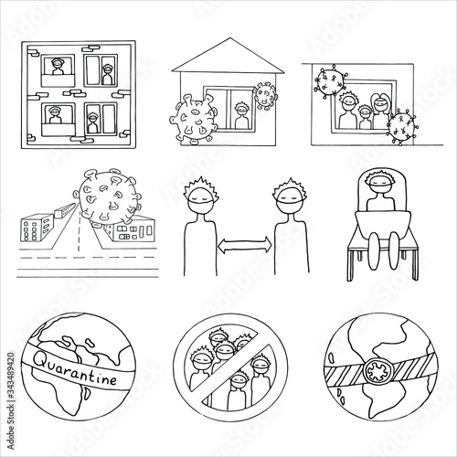 Set of forced quarantine, self-isolation. Doodle vector illustration. Coronavirus quarantine preventive measures. Stay home.Work in home. 