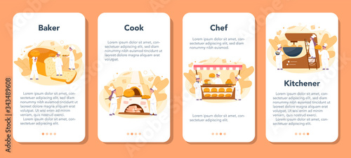 Baker and bakery mobile application banner set. Chef in the uniform