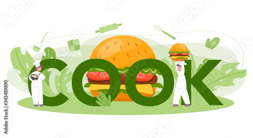 Fast food, burger house typographic header concept. Chef cook tasty