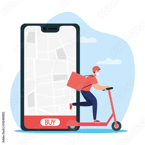 delivery service worker using face mask in skate with smartphone