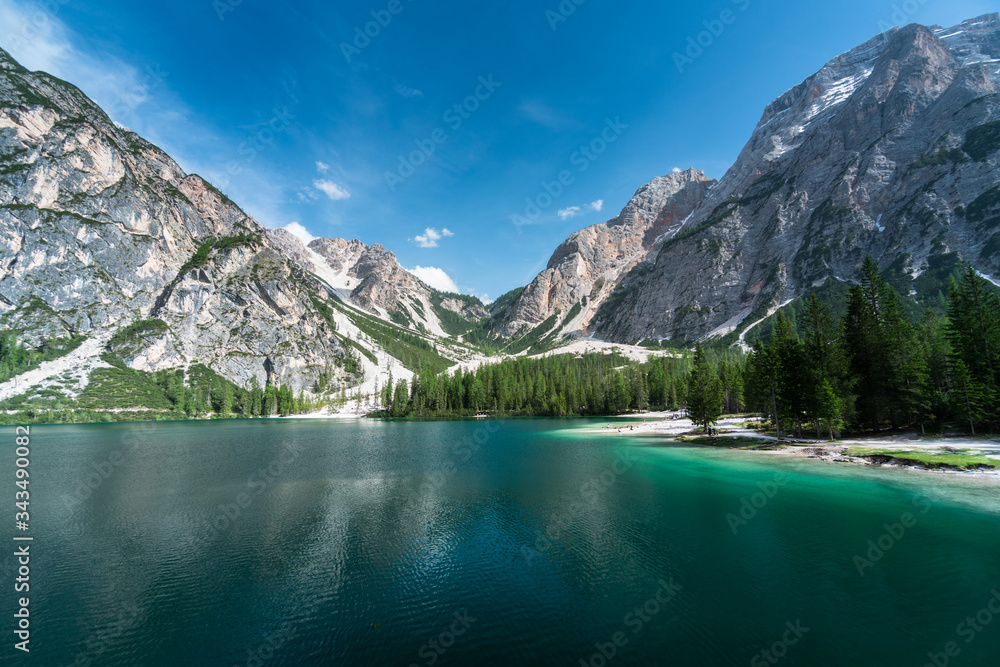 Braies Lake, Dolomiti, Italy. Morning shots of this famous mountain scenery located in South Tyrol. 