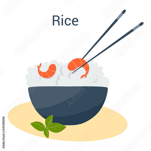 Rice bowl with shrimp. Chinese grain dish, asian food. Vegetarian meal