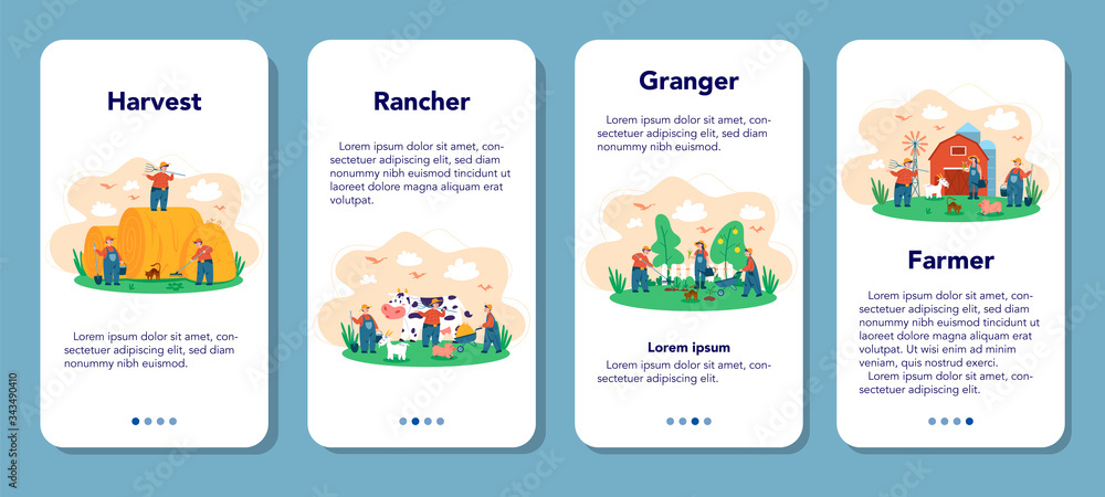 Obraz premium Farm, farmer mobile application banner set. Farmers working