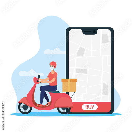 delivery worker using face mask in motorcycle with smartphone