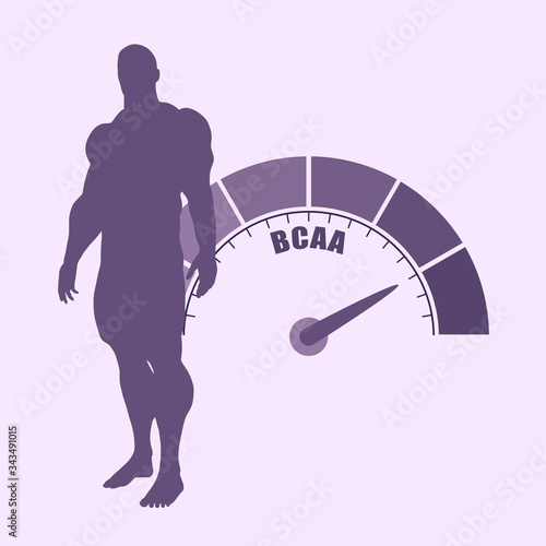 Gradient scale. BCAA level measuring device icon. Sign tachometer, speedometer, indicators. Infographic gauge element. Silhouette of muscular man