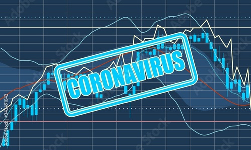 Stamp with Coronavirus text over world map and financial chart. Medical science relative theme.