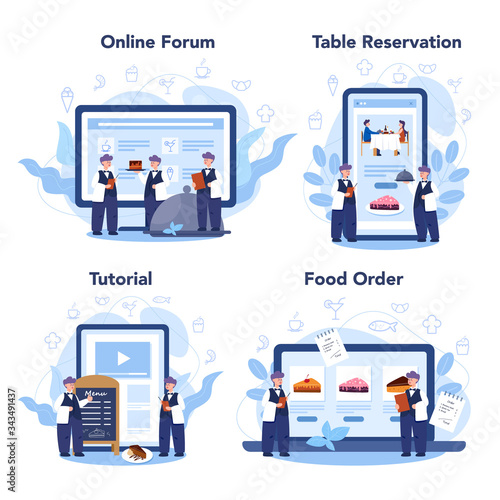Restaurant online service or platform set. Waiter staff in the uniform,
