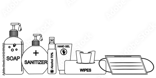 Outline drawing of cleaning items to protect yourself from viruses and illness. They’re soap, sanitizer, alcohol spray, hand gel, wipes and protective mask.