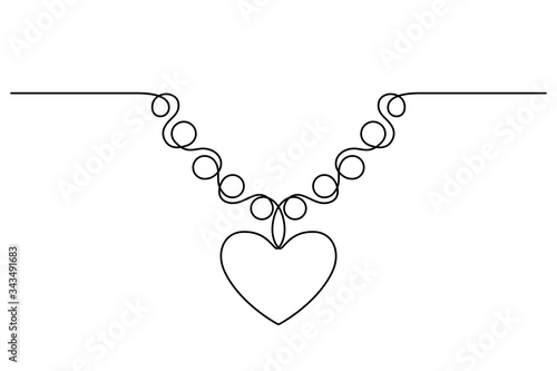 Continuous line drawing. Necklace with heart. Black isolated on white background. Hand drawn vector illustration. 
