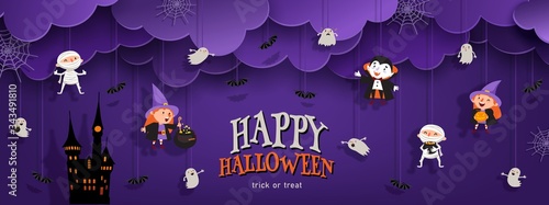 Halloween banner with clouds, witch, vampire, ghost, bat, castle in papercut