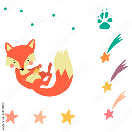 Cute fox set in flat style. Cosmic animal with stars   constellation illustration 