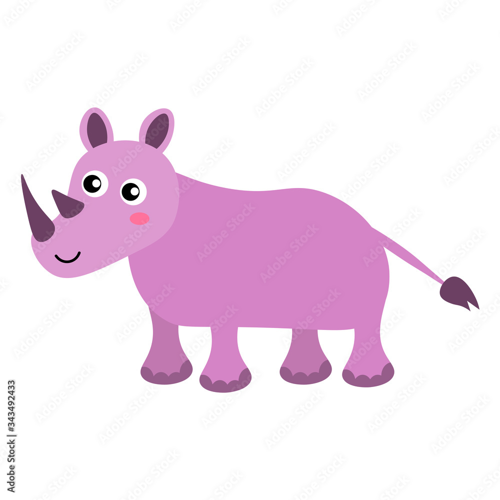 Cute cartoon rhino in childlike flat style isolated on white background. Vector illustration. 