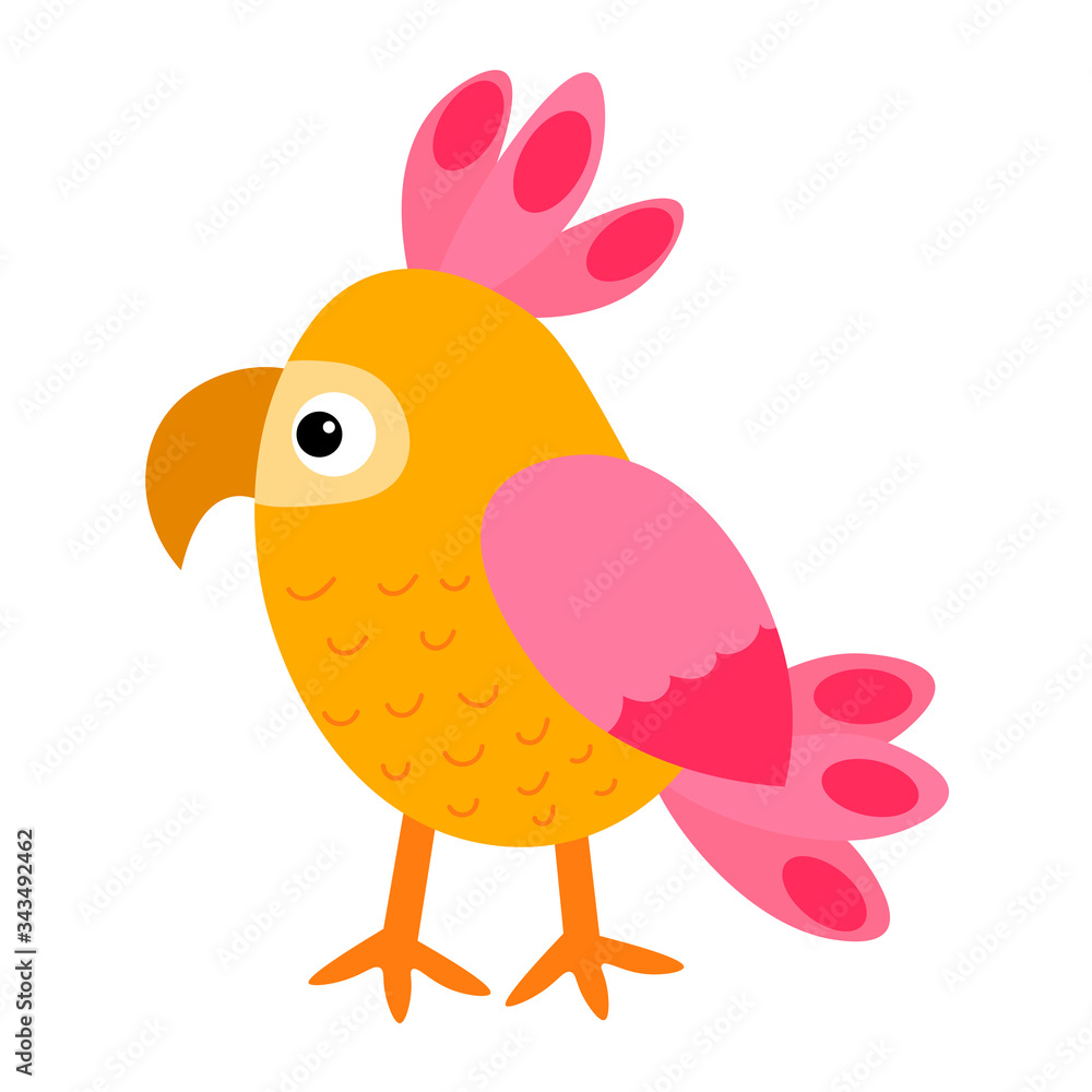 Cute cartoon parrot in childlike flat style isolated on white background. Tropical bird. Vector illustration. Cute cartoon parrot in childlike flat style isolated on white background. Tropical bird. Vector illustration.