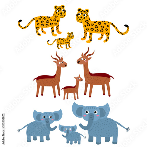 Leopard  antelope  elephant. Cartoon African families of wild animals in childlike flat style isolated on white background. Vector illustration. 