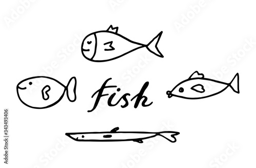 Hand drawn doodle fish with lettering. Underwater animal. Childish funny cartoon picture.