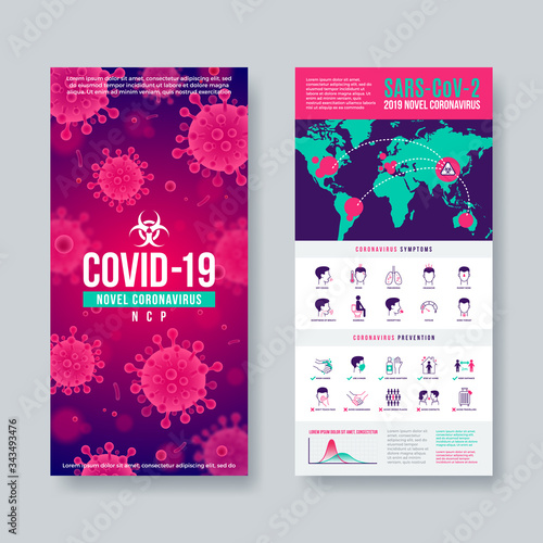 Coronavirus banner set with infographic elements. Novel coronavirus 2019-nCoV design. Concept of dangerous Covid-19 pandemic. Vector illustration.