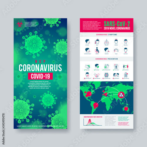 Coronavirus banner set with infographic elements. Novel coronavirus 2019-nCoV design. Concept of dangerous Covid-19 pandemic. Vector illustration.