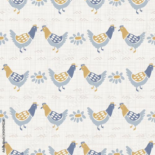 Seamless french farmhouse chicken hen pattern. Provence linen shabby chic style. Hand drawn rustic texture background. Country style wallpaper home decor swatch. Farm animal textile all over print