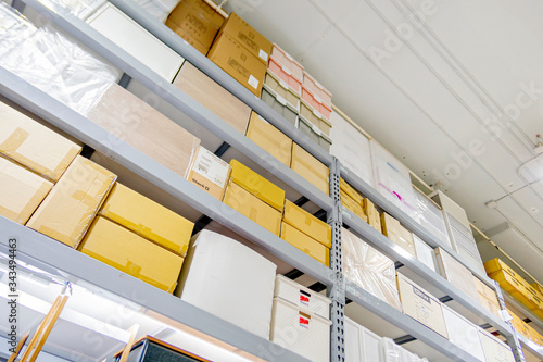 The Many sizes and colors parcels stacked on shelves in the Village market shopping mall warehouse Huahin Thailand April 30 ,2018