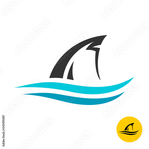 Shark fin with blue water wave lines logo.