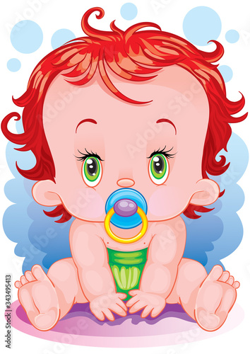 baby with green eyes, curly and with a blue pacifier sits in surprise, isolated object on a white background, vector illustration,